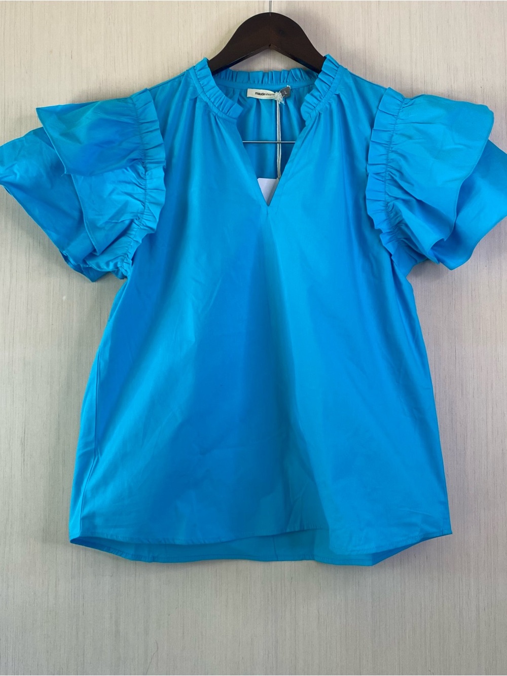 NWT Maude Vivante Women’s Dani V-Neck Aqua Ruffle Sleeve Blouse Large